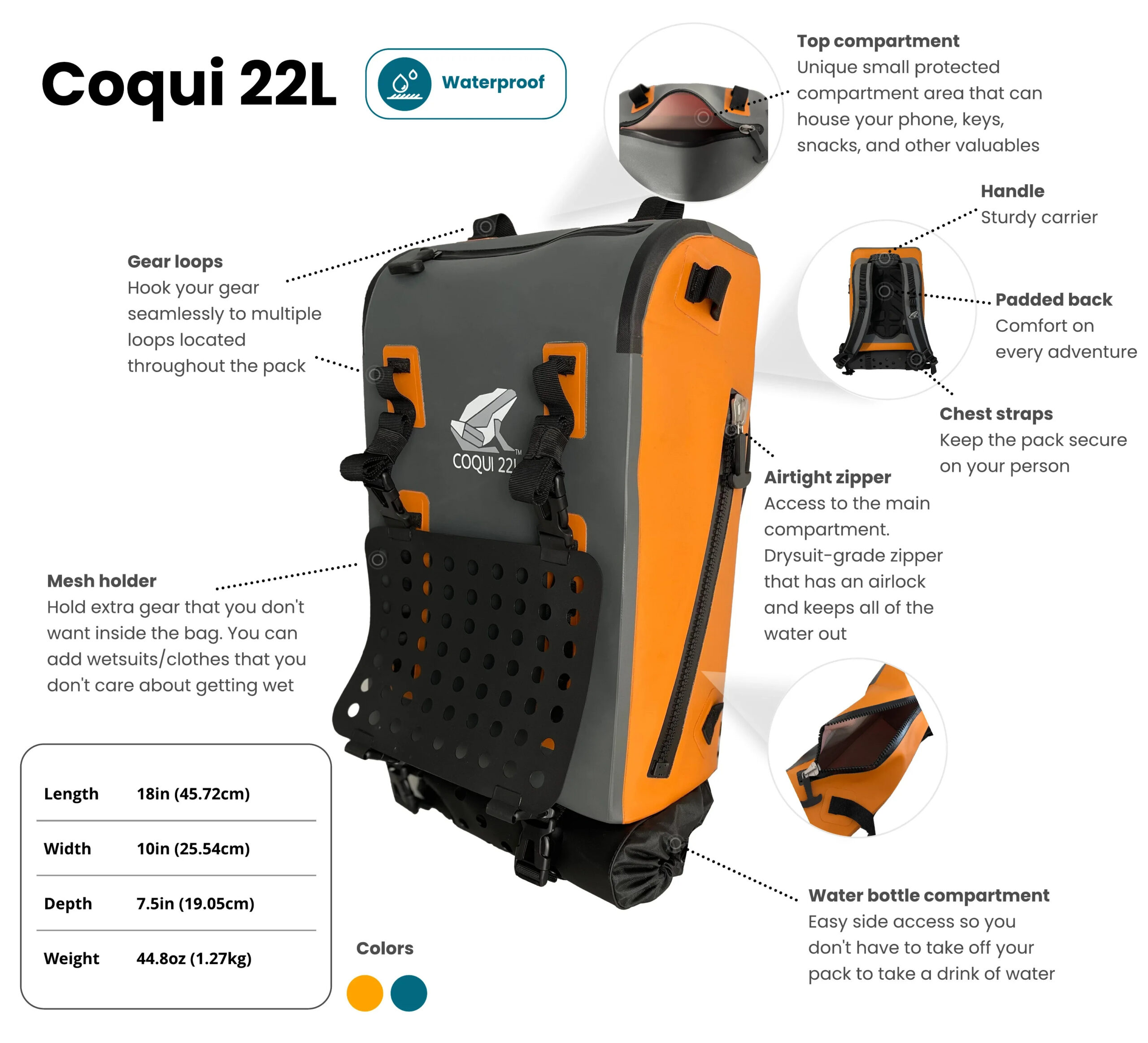 The Amphipak™ Coqui 22L Backpack is an airtight carrier that keeps any water from penetrating the main compartments. Its unique side zipper design allows for easier access to your gear; eliminating the need to dig through your gear to reach the goods at the bottom. The pack is abrasive resistant, puncture proof, and water sealed.