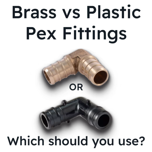 Brass vs plastic PEX fittings comparison graphic showing brass metal and plastic elbow connectors on white background.